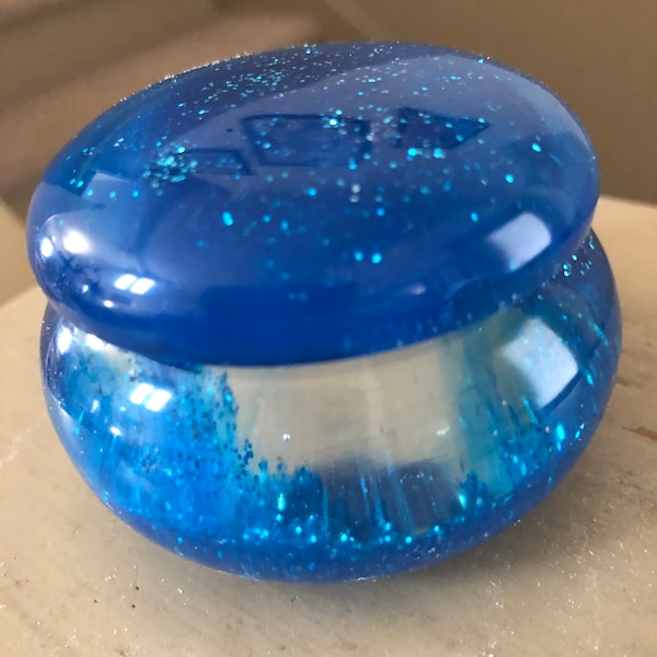 Small Round Resin Trinket Box with Domed Lid- Blue and Clear with Blue Glitter, 2" x 3"