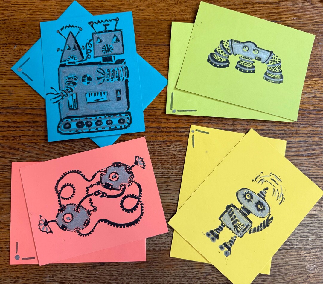 Set of 4- Bots Note Cards, Block Print, Metallic Marker and Ink, 5