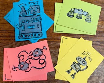 Set of 4- Bots Note Cards, Block Print, Metallic Marker and Ink, 5" x 4"