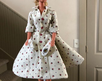 OOAK 90&#39;s Barbie- Restyled Hair in Traditional Ponytail, Repainted Face, Cream Print Shirtwaist Dress, Red Heels, Resin Phone, Lace Panties