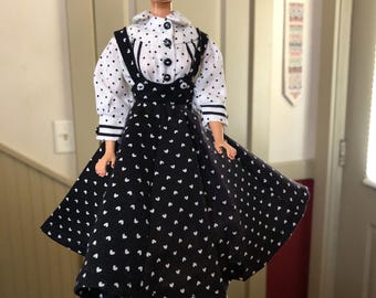 1996 Brunette Bubblecut Reproduction Barbie Wearing A Lovely BW Yoked Blouse, BW Heart Jumper, Black Heels and Black Glasses
