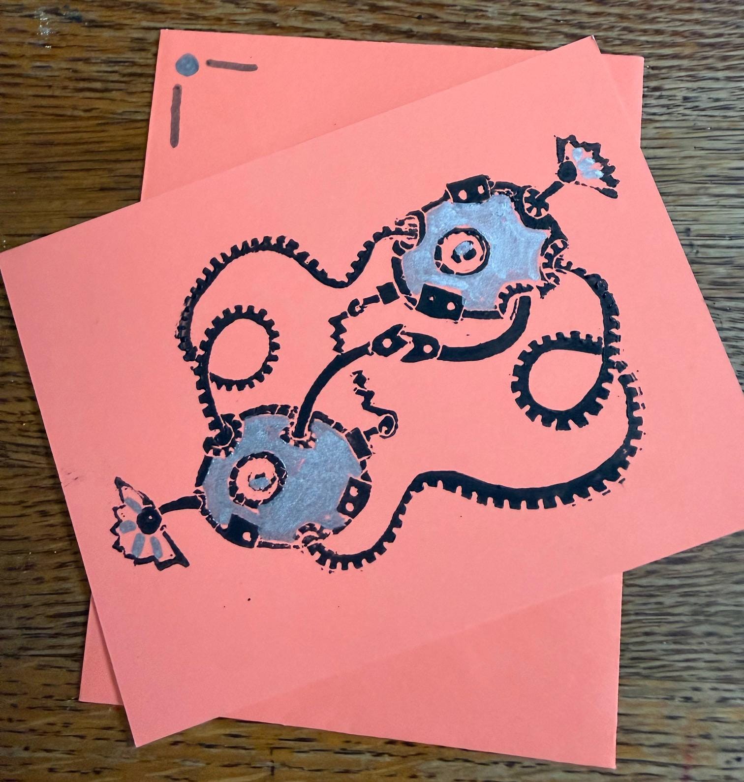 Set of 4- Bots Note Cards, Block Print, Metallic Marker and Ink, 5