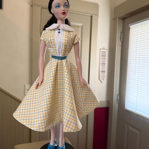 For Gene Marshall- Short Sleeved Yellow Day Dress with White Bodice Insert and Collars, Blue Resin Heels
