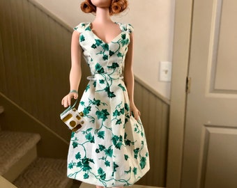 For Vintage and Repro Barbie and Midge- Ivy Print Sleeveless Day Dress w/V Neckline & Pleats, Sunglasses, Heels, Camera, Purse