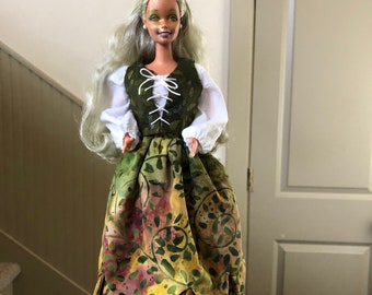 OOAK 1996 Barbie- Forest Sprite, Original Hair Dyed Pale Green, Green Sheen Skin, Repainted Face, Tiered Skirt, White Blouse, Green Vest