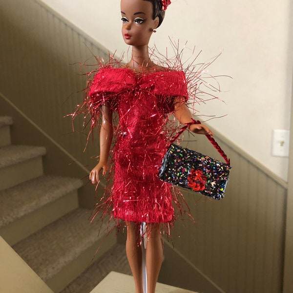 For Vintage and Repro Barbie, Silkstone: The Lady in Red, Metallic Red Glittery Off-Shoulder Dress, Bandeau, Coordinating Purse, Red Heels