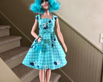 OOAK- New Barbie, ReRooted Blue Flip Hairstyle, Blue Gingham Dress, Handmade Resin Camera and Shoes, Headband, Lace Panties