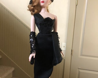 For Gene Marshall- Elegance in Black, Black w Blue Glitter One Shoulder Gown, Sequin Mitts, Bandeau, Heels, Tiny Sequin Purse