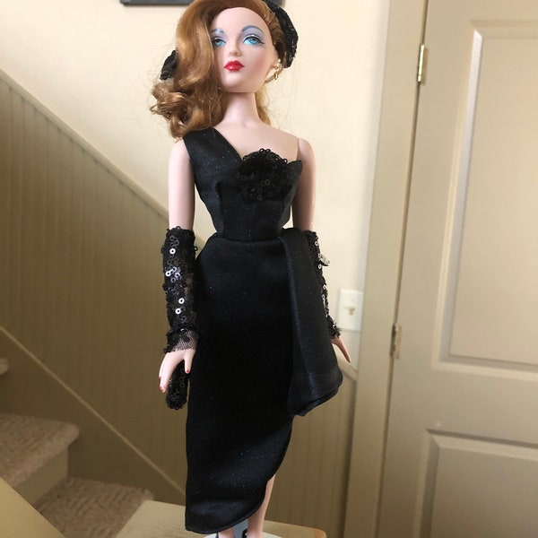 For Gene Marshall- Elegance in Black, Black w Blue Glitter One Shoulder Gown, Sequin Mitts, Bandeau, Heels, Tiny Sequin Purse