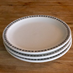 Plato llano vintage de hotel Innkare de mediados de siglo, vajilla de restaurante con diseño de rombos negros, fabricado en Memphis, Tennessee, juego de 3