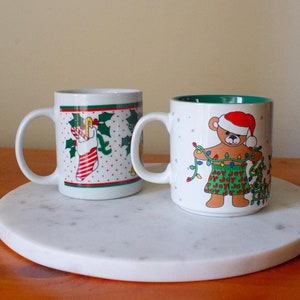 Set of 2 Vintage Christmas Mugs - Festive Stocking and Bear with Lights, Retro Holiday Decor