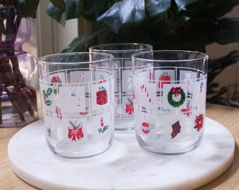 Lot de 3 verres de Noël vintage - Verres de vacances rétro avec imprimés festifs, articles de bar de Noël du milieu du siècle
