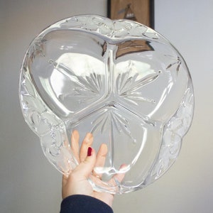 Vintage Glass Divided Serving Tray - Floral Pattern 3-Section Clear Glass Relish Platter