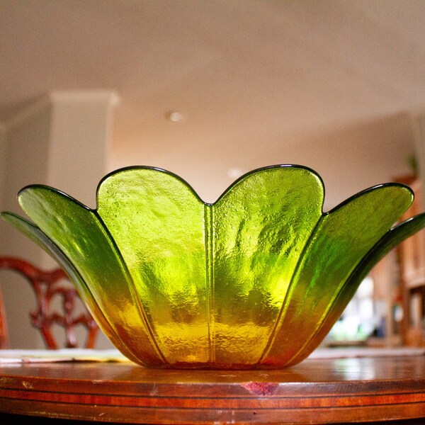 Vintage Flower Dish - Carnival Glass - Deep Bowl - Green and Yellow Retro Decor Gift - Groovy Decorative Bowl - Textured Colored Glass