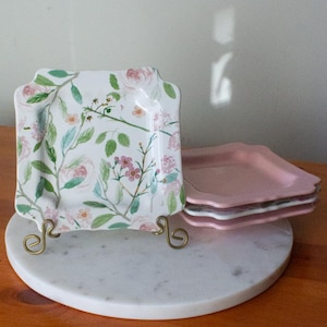 Set of 4 Sweet Laurel Plates - Pink and Floral Dessert Plates