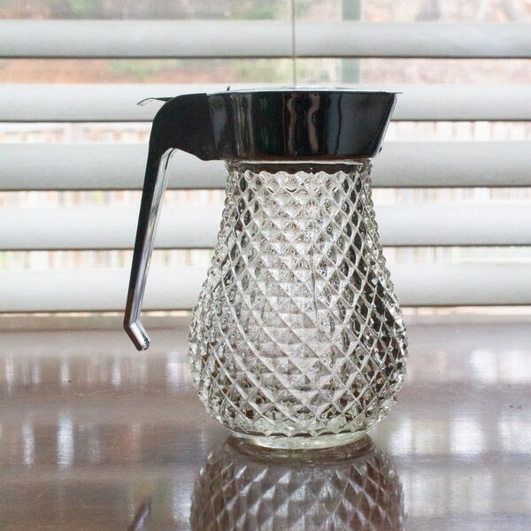 Retro Restaurant Style Pressed Glass Syrup Pitcher - Diamond Point Glass - Mid Century Modern Diner Collectible