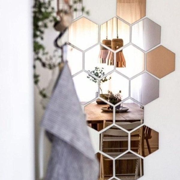 Miroir nid d'abeille en plexiglas | Sticker mural miroir hexagonal | Adhésif couleur argent | (5 x 4,35") (11 x 12,5 cm)