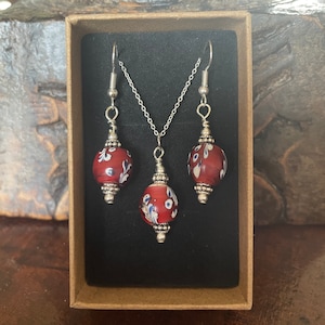 Antique Ethiopian lampwork drop earrings with matching sterling silver necklace
