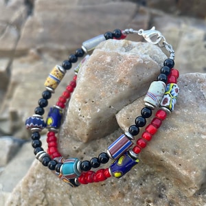 Antique trade bead bracelet with Ethiopian red glass beads and black onyx | vintage Murano glass | chevron beads