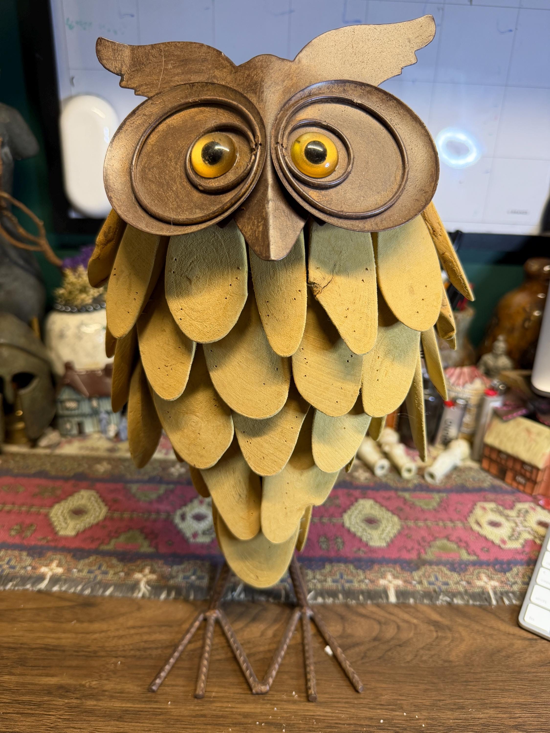 Vintage Handmade Wooden Owl Sculpture &ndash; Rustic Folk Art Owl &ndash; Mid Century Woodland Decor