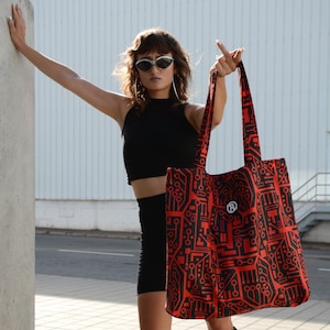 Anunnaki Integrated Circuit Maxi Bag - Grand tote bag noir et rouge XXL