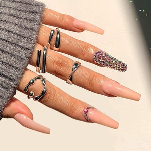 Natural Beige Long Press-on Nails, Sparkling Diamond Fake Coffin nails, Full Cover Rhinestone Nails, DIY press-ons, Manicure with Prep Kit