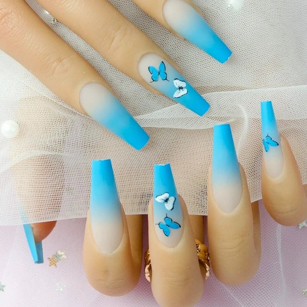 Blue Butterfly Press on Nails | Long Coffin Nails | Trendy Summer Nails | false Glue on nails | Stick on nails | French ombre | Gift for Her