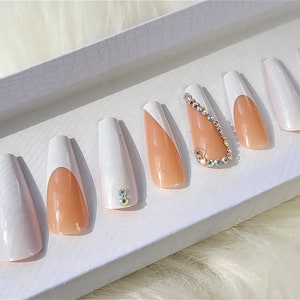 French Press on Nails, 24Pcs Luxury Nails, White Coffin nails, Long press on nails, French Brown Nails, Fake Glue Nails, Women, gift for her