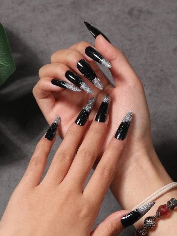 Black Press on Nails Black Glitter Nail 24pcs Acrylic Almond Nails Nail Art Tips Long Fake Nails With Glue Nails Decals Gift for Her Etsy Canada