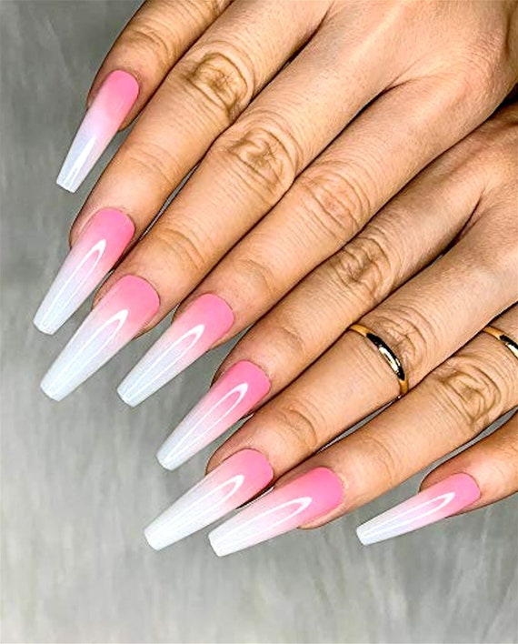 White Pink Ombre Nails Press on Nails Coffin 24 Pcs Long - Etsy UK