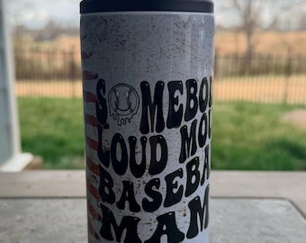 Somebody Loud Mouth Baseball Mama 12oz Slim Can Cooler | Stainless Steel Energy Drink Holder | Baseball Mom Gift