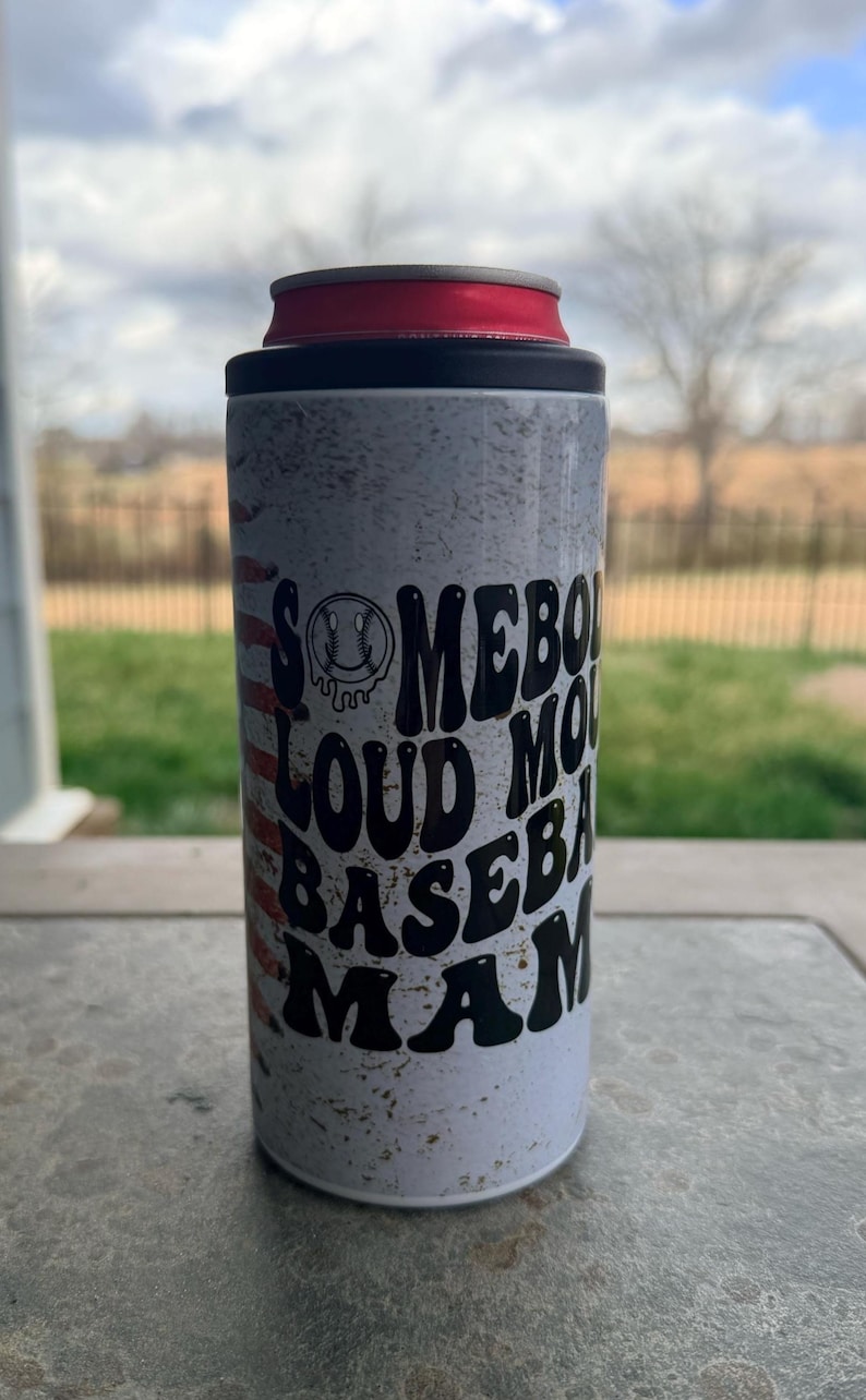 Somebody Loud Mouth Baseball Mama 12oz Slim Can Cooler | Stainless Steel Energy Drink Holder | Baseball Mom Gift image 1