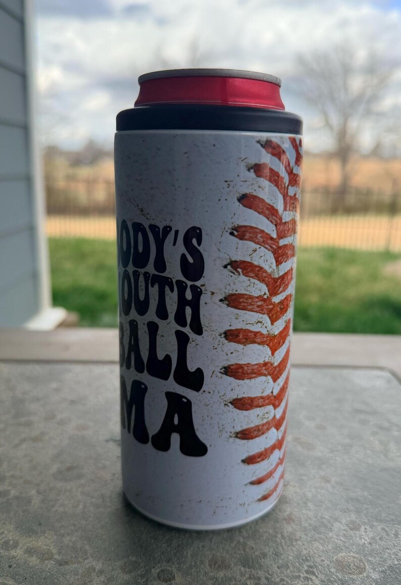 Somebody Loud Mouth Baseball Mama 12oz Slim Can Cooler | Stainless Steel Energy Drink Holder | Baseball Mom Gift image 2