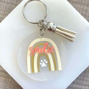 Keychain Customizable Acrylic Disc Keychain with Tassel Name Rainbow Paw Print