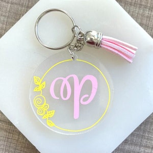 Keychain Customizable Acrylic Disc Keychain with Tassel Name Initial Floral Design