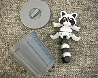 3D Printed Raccoon with Trashcan - Fidget Sensory Stress Toy - Articulating Toy