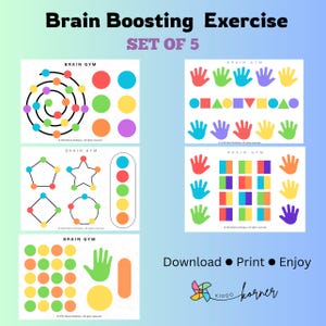 Può includere: Set di cinque esercizi di stimolazione cerebrale stampabili per bambini. Ogni pagina presenta un'attività diversa con forme, motivi e impronte di mani colorate. Il titolo del set è "Brain Boosting Exercise Set of 5".