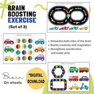 May include: A set of three digital download activity sheets titled Brain Boosting Exercise and Brain On Wheels. The pages feature a black infinity track with colored dots, rows of colorful cars, split-color circles, and geometric tracks with vehicles.