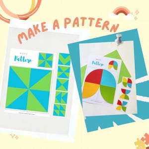 Pode incluir: Duas folhas de trabalho imprimíveis com as instruções "Make a Pattern". A primeira folha de trabalho apresenta um padrão geométrico azul e verde com um conjunto de formas menores para usar para criar um padrão. A segunda folha de trabalho apresenta um padrão circular vermelho, amarelo, verde e azul com um conjunto de formas menores para usar para criar um padrão.