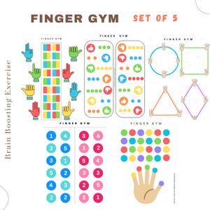 Könnte beinhalten: Ein Set mit fünf Finger-Gymnastik-Übungen zur Steigerung der Gehirnaktivität. Die Übungen umfassen das Nachzeichnen von Formen, das Abgleichen von Farben und das Zählen. Die Übungen sind darauf ausgelegt, die Fingerfertigkeit, die Koordination und die Konzentration zu verbessern.