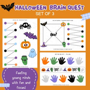 Könnte beinhalten: Halloween-Aktivitätsset mit drei Seiten. Die Seiten enthalten Verbinde-die-Punkte-, Zuordnungs- und Handabdruck-Aktivitäten. Der Text enthält "Halloween Brain Quest", "Brain Booster", "Bilateral Coordination" und "Spooky Fun".