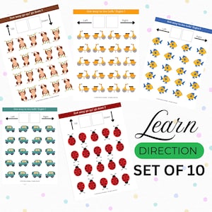 May include: A set of 10 printable worksheets for kids to learn directions. Each worksheet features a different animal or object, such as monkeys, scooters, fish, cars, and ladybugs. The worksheets ask children to count how many objects go up, down, left, or right.