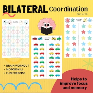 Puede incluir: Un conjunto de tres hojas de trabajo educativas con el título "BILATERAL Coordination". Las hojas de trabajo presentan círculos, coches y estrellas de colores para ejercicios cerebrales. El texto incluye "Brain Workout", "Motorskill" y "Fun Exercise".