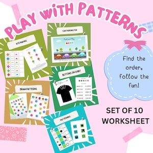 Pode incluir: Um conjunto de 10 folhas de exercícios com o texto "PLAY WITH PATTERNS". As folhas de exercícios incluem atividades como fazer pipas, estacionar carros, combinar botões e desenhar padrões. A imagem tem um fundo rosa com vários elementos coloridos.