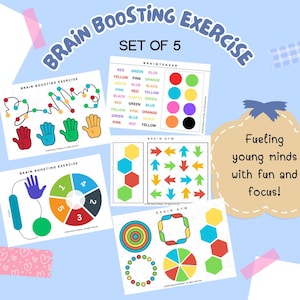 Może przedstawiać: Zestaw pięciu drukowanych ćwiczeń stymulujących mózg dla dzieci. Ćwiczenia obejmują grę w dopasowywanie kolorów, labirynt, grę w sekwencję liczb, grę w śledzenie kierunku i grę w dopasowywanie kształtów. Tekst "Fueling young minds with fun and focus!" znajduje się w prawym dolnym rogu obrazu.