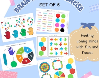 May include: Set of five printable brain boosting exercises for kids. The exercises include a color matching game, a maze, a number sequence game, a direction following game, and a shape matching game. The text "Fueling young minds with fun and focus!" is on the bottom right corner of the image.
