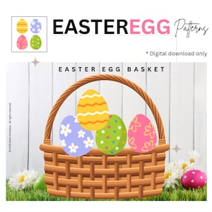 May include: A brown wicker basket filled with colorful Easter eggs. The eggs are decorated with stripes, polka dots, and flowers. The basket is sitting on a green grassy surface with white flowers.