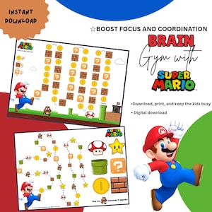 Puede incluir: Dos hojas de actividades de Super Mario con tableros de juego, con personajes de Mario, monedas y bloques de signos de interrogación. El texto dice "Brain Gym with Super Mario" y "Descarga instantánea."
