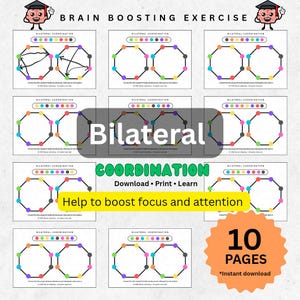 Könnte beinhalten: Ein Satz von 10 druckbaren Seiten für eine Gehirn-Übung. Die Seiten zeigen farbenfrohe geometrische Formen und die Worte "Bilateral Coordination". Der Text enthält auch "Download • Print • Learn" und "Help to boost focus and attention."