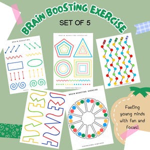 Może przedstawiać: Zestaw pięciu drukowanych ćwiczeń stymulujących mózg dla dzieci. Arkusze ćwiczeń zawierają kolorowe linie, kształty i wzory, które pomagają rozwijać umiejętności motoryczne i koncentrację. Tekst na obrazku brzmi "Brain Boosting Exercise Set of 5" i "Fueling young minds with fun and focus!"
